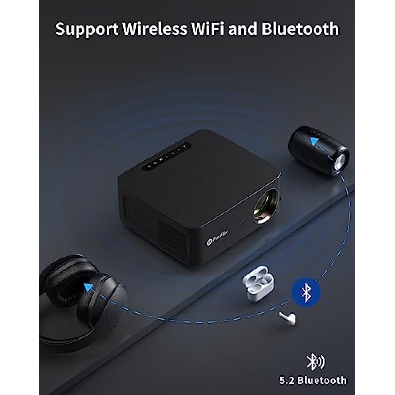 WiFi 및 Bluetooth 기능을 갖춘 네이티브 1080P 5G 4K 프로젝터, FunFlix 20000L 고휘도 프로젝터, 4P/4D 키스톤/줌, 300인치 디스플레이, HDMI, USB, 전화, 노트북, TV 스틱용 영화 야외 실내 프로젝터