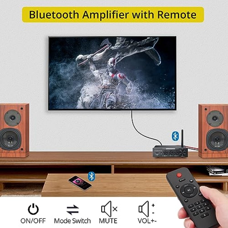 PROZOR 192kHz/24bit 디지털 스테레오 오디오 증폭기, Hi-Fi Bluetooth 증폭기 DAC 패시브 스피커용 IR 원격 제어 기능이 있는 2 채널 홈 오디오 증폭기 100W + 100W