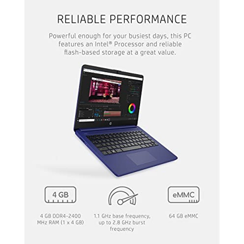 HP 14 노트북, Intel Celeron N4020, 4GB RAM, 64GB 스토리지, 14인치 마이크로에지 HD 디스플레이, Windows 11 Home, Thin & Portable, 4K 그래픽, 1년 Microsoft 365(14-dq0010nr, 2021, Indigo Blue) )