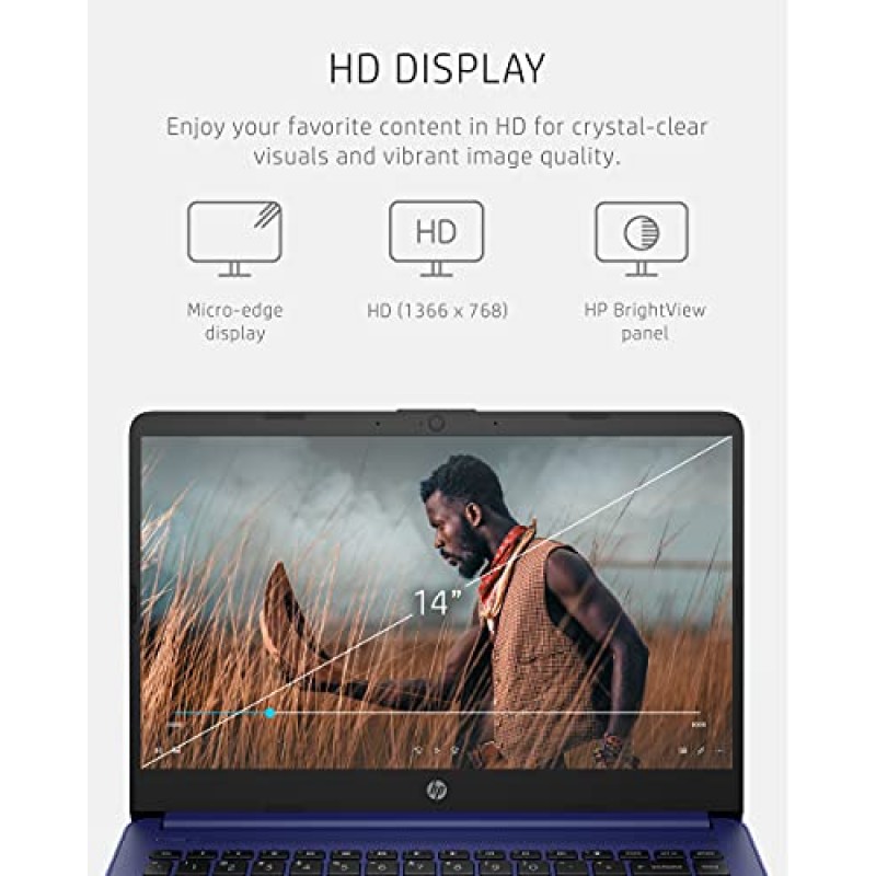 HP 14 노트북, Intel Celeron N4020, 4GB RAM, 64GB 스토리지, 14인치 마이크로에지 HD 디스플레이, Windows 11 Home, Thin & Portable, 4K 그래픽, 1년 Microsoft 365(14-dq0010nr, 2021, Indigo Blue) )