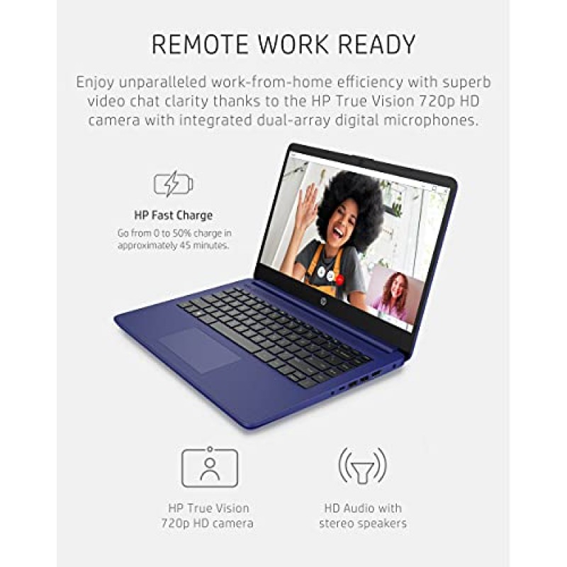 HP 14 노트북, Intel Celeron N4020, 4GB RAM, 64GB 스토리지, 14인치 마이크로에지 HD 디스플레이, Windows 11 Home, Thin & Portable, 4K 그래픽, 1년 Microsoft 365(14-dq0010nr, 2021, Indigo Blue) )