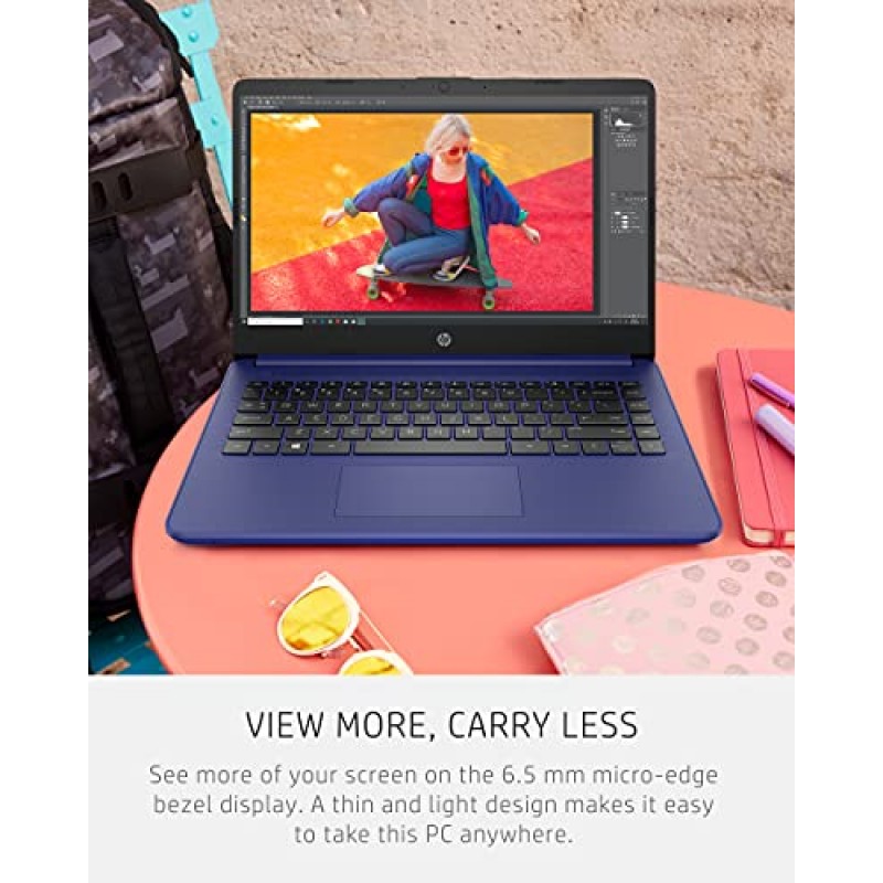 HP 14 노트북, Intel Celeron N4020, 4GB RAM, 64GB 스토리지, 14인치 마이크로에지 HD 디스플레이, Windows 11 Home, Thin & Portable, 4K 그래픽, 1년 Microsoft 365(14-dq0010nr, 2021, Indigo Blue) )