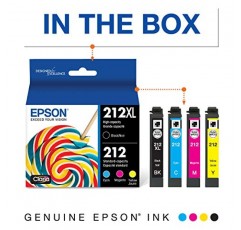 Epson 212XL, 표준 용량 컬러 및 대용량 검정 잉크 카트리지, 4팩 & T212XL120 Expression Home XP-4100 4105 Workforce WF-2830 2850 212XL 잉크 카트리지(검정색) 소매 포장