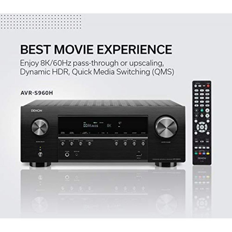 Denon AVR-S960H 8K Ultra HD 7.2 채널(90Watt X 7) AV 수신기 2020년 모델 - 게임, 음악 스트리밍, 3D 오디오 및 비디오, Alexa + HEOS용으로 제작, 블랙(제조업체에서 단종)