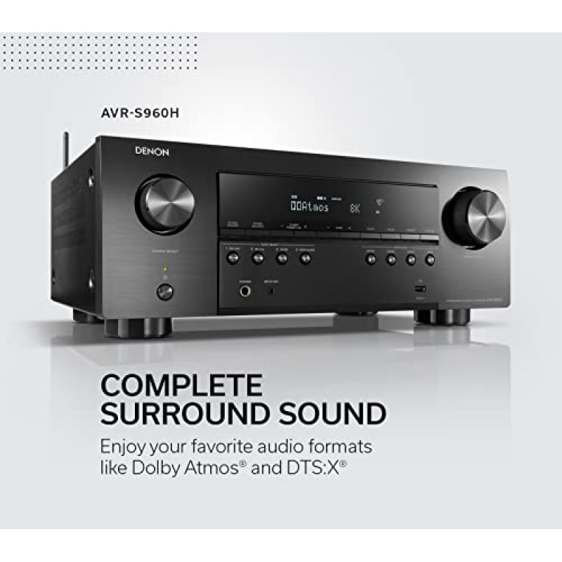 Denon AVR-S960H 8K Ultra HD 7.2 채널(90Watt X 7) AV 수신기 2020년 모델 - 게임, 음악 스트리밍, 3D 오디오 및 비디오, Alexa + HEOS용으로 제작, 블랙(제조업체에서 단종)