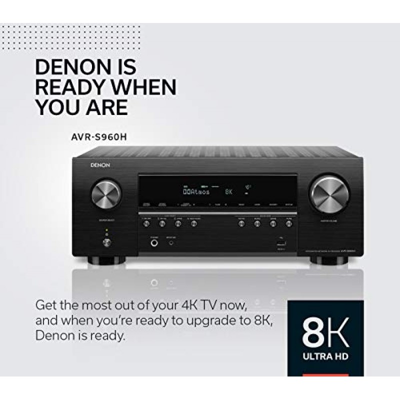 Denon AVR-S960H 8K Ultra HD 7.2 채널(90Watt X 7) AV 수신기 2020년 모델 - 게임, 음악 스트리밍, 3D 오디오 및 비디오, Alexa + HEOS용으로 제작, 블랙(제조업체에서 단종)