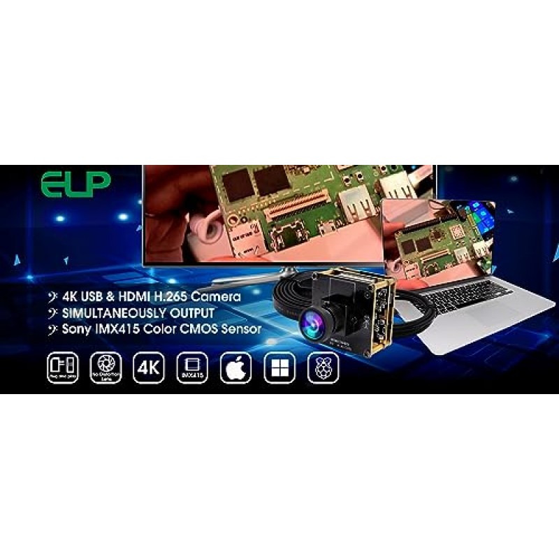 ELP 4K HDMI USB 카메라 컴퓨터 모니터용 광각 동시에 출력 미니 PC 카메라 UVC USB2.0 Lightburn 카메라 2X 디지털 줌 웹캠 보드 노트북용 H.265 8mp CCTV USB 보안 카메라