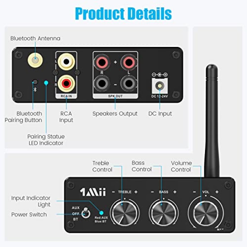 1Mii P4 Bluetooth 5.3 스테레오 전력 증폭기, 2채널 100W*2 미니 Hi-Fi 오디오 앰프, 홈 스피커용 저음 및 고음 제어 기능이 있는 무선 수신기 액티브 서브우퍼, AUX RCA 입력 - 업그레이드됨