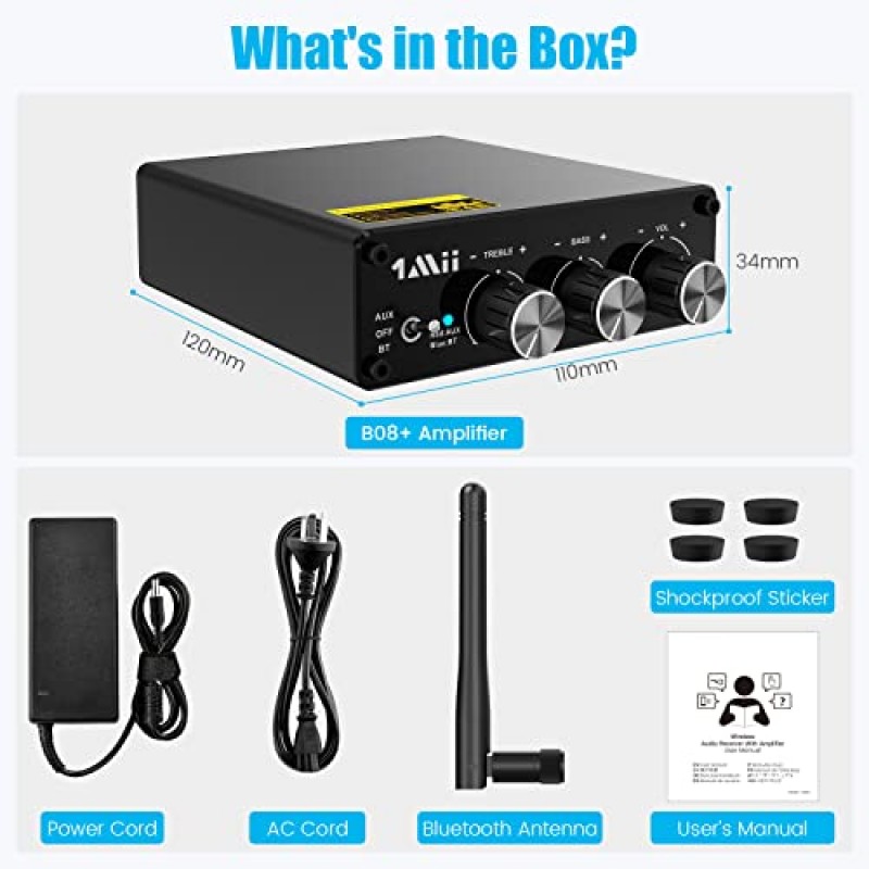 1Mii P4 Bluetooth 5.3 스테레오 전력 증폭기, 2채널 100W*2 미니 Hi-Fi 오디오 앰프, 홈 스피커용 저음 및 고음 제어 기능이 있는 무선 수신기 액티브 서브우퍼, AUX RCA 입력 - 업그레이드됨