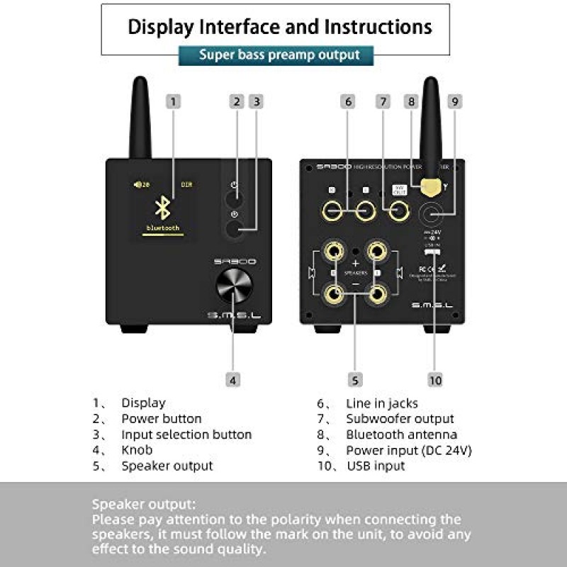 S.M.S.L SA300 HiFi 디지털 증폭기, Infineon의 MA12070 칩 클래스 D 파워 앰프, RCA USB Bluetooth 5.0 APTX 입력, 원격 제어 기능이 있는 다중 EQ 모드(검은색)