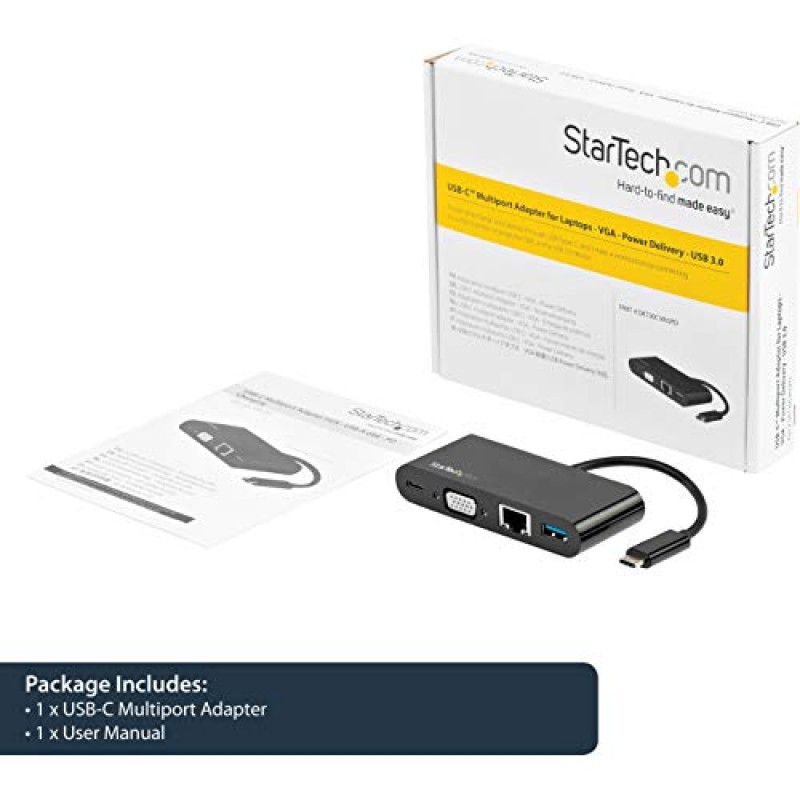 StarTech.com USB C 멀티포트 어댑터 - 미니 USB-C 도크(단일 모니터 포함) VGA 1080p 비디오 - 60W 전원 공급 패스스루 - USB 3.1 Gen 1 Type-A 5Gbps, 기가비트 이더넷 - 도킹 스테이션(DKT30CVAGPD)