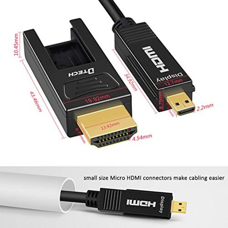 DTech 32피트 광섬유 HDMI 케이블 4K 60Hz YUV 444 18Gbps 고속 울트라 HD(듀얼 마이크로 HDMI 및 표준 HDMI 커넥터 포함)(검은색, 10미터)