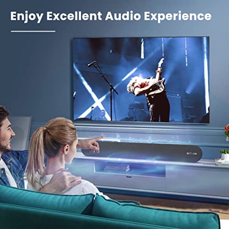 사운드바, HDMI, 광학, RCA, AUX 포트, Bluetooth 5.0, 영화/음악/대화 오디오 모드, 향상된 베이스 기술, 베이스 조절 가능, 2023 버전을 갖춘 BESTISAN 80W TV 사운드바 홈시어터 스피커