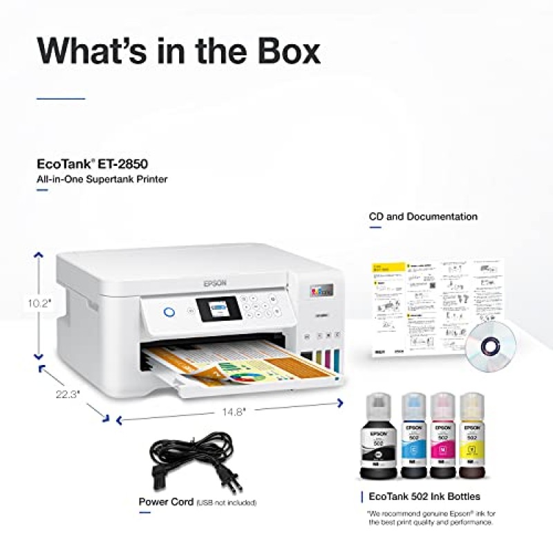 Epson EcoTank ET-2850 무선 컬러 올인원 카트리지 프리 슈퍼탱크 프린터(스캔, 복사 및 자동 양면 인쇄 기능 포함) - 흰색, 중형