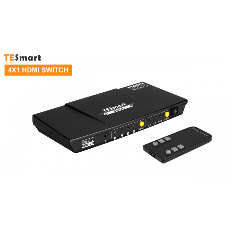 TESmart 4x1 HDMI 스위치 4K HDMI 스위처 박스(광 오디오 출력 포함), 4 in 1 출력 HDMI 분배기(IR 원격 제어 포함), 전원 케이블, HDCP/4KX2K/HDR, 게임 콘솔 및 홈 오피스용