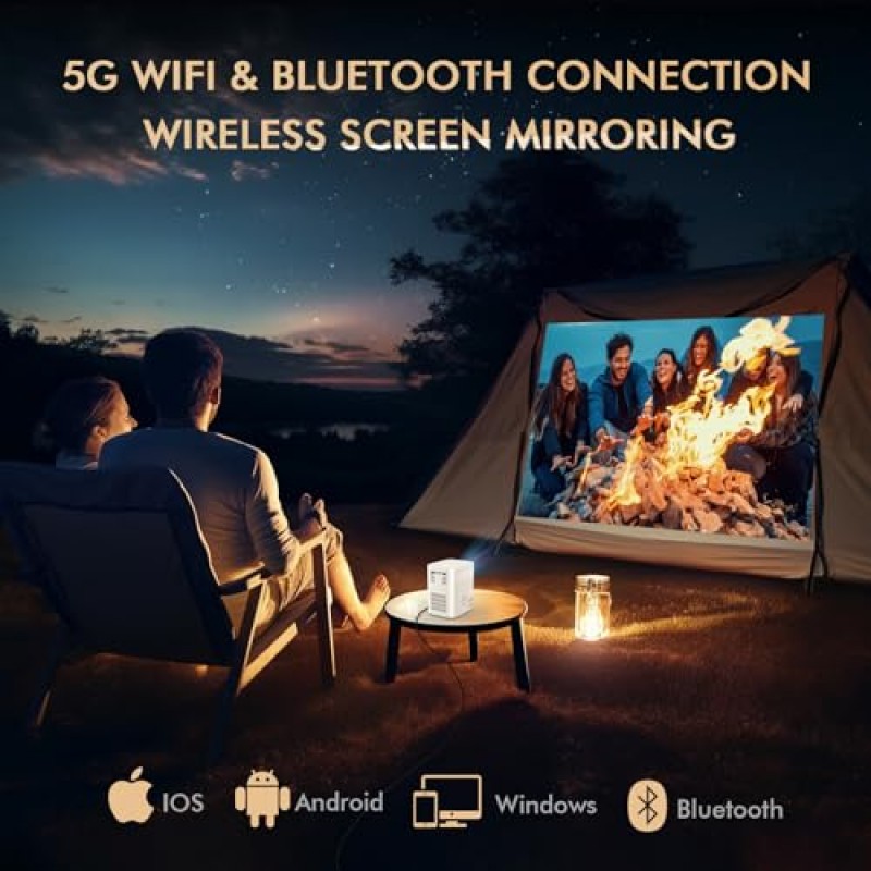 미니 4K 프로젝터, 16000Lux 전기 초점 듀얼 Hi-Fi 스피커 프로젝터 내장 5G WIFI 및 Bluetooth 무선 스크린 미러링, 홈 야외 파티 회의용 250