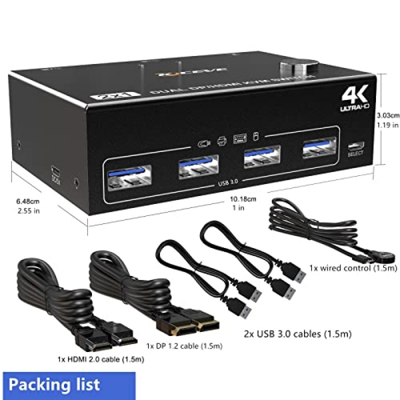 KCEVE DP HDMI USB 3.0 KVM 스위치 2 컴퓨터 2 모니터, 듀얼 모니터 디스플레이 포트 KVM 스위처는 2 컴퓨터에 대해 4K@60Hz를 지원 키보드, 마우스 및 모니터 공유