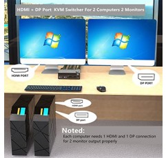 KCEVE DP HDMI USB 3.0 KVM 스위치 2 컴퓨터 2 모니터, 듀얼 모니터 디스플레이 포트 KVM 스위처는 2 컴퓨터에 대해 4K@60Hz를 지원 키보드, 마우스 및 모니터 공유