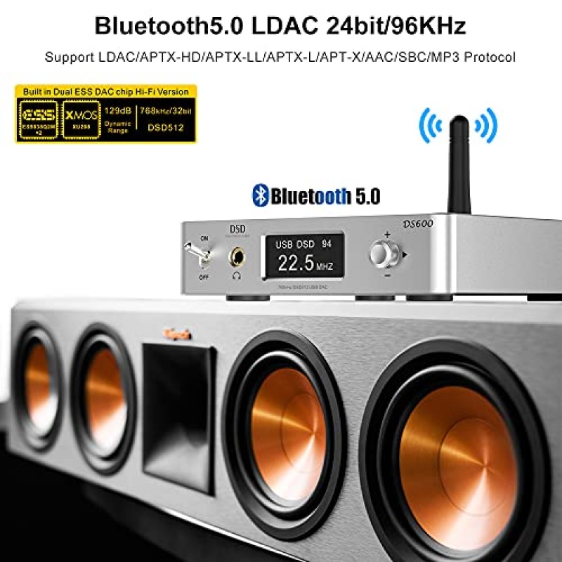 1Mii DS600 USB DAC HiFi, 홈 스테레오 LDAC AptX HD용 Bluetooth 수신기, 헤드폰 앰프, Bluetooth 오디오 어댑터 3.5mm AUX/RCA 출력 DSD512 AV 수신기 또는 증폭기용 듀얼 ES9038Q2M XMOS