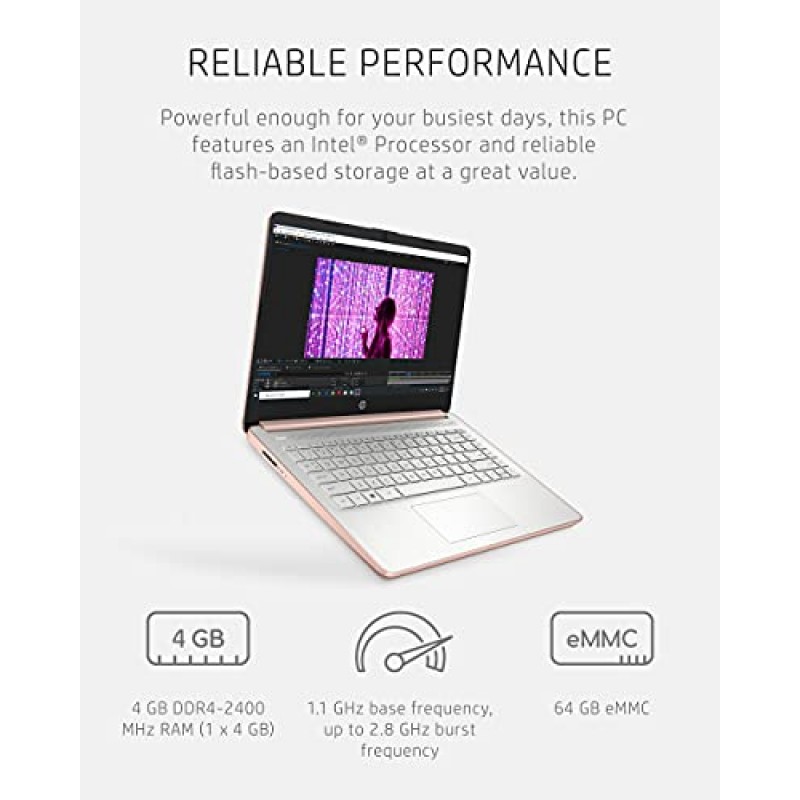 HP 14 노트북, Intel Celeron N4020, 4GB RAM, 64GB 스토리지, 14인치 마이크로에지 HD 디스플레이, Windows 11 Home, Thin & Portable, 4K 그래픽, 1년 Microsoft 365(14-dq0030nr, 2021, Pale Rose) 금)