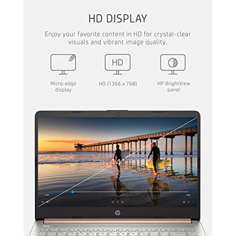 HP 14 노트북, Intel Celeron N4020, 4GB RAM, 64GB 스토리지, 14인치 마이크로에지 HD 디스플레이, Windows 11 Home, Thin & Portable, 4K 그래픽, 1년 Microsoft 365(14-dq0030nr, 2021, Pale Rose) 금)