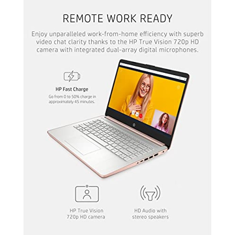 HP 14 노트북, Intel Celeron N4020, 4GB RAM, 64GB 스토리지, 14인치 마이크로에지 HD 디스플레이, Windows 11 Home, Thin & Portable, 4K 그래픽, 1년 Microsoft 365(14-dq0030nr, 2021, Pale Rose) 금)