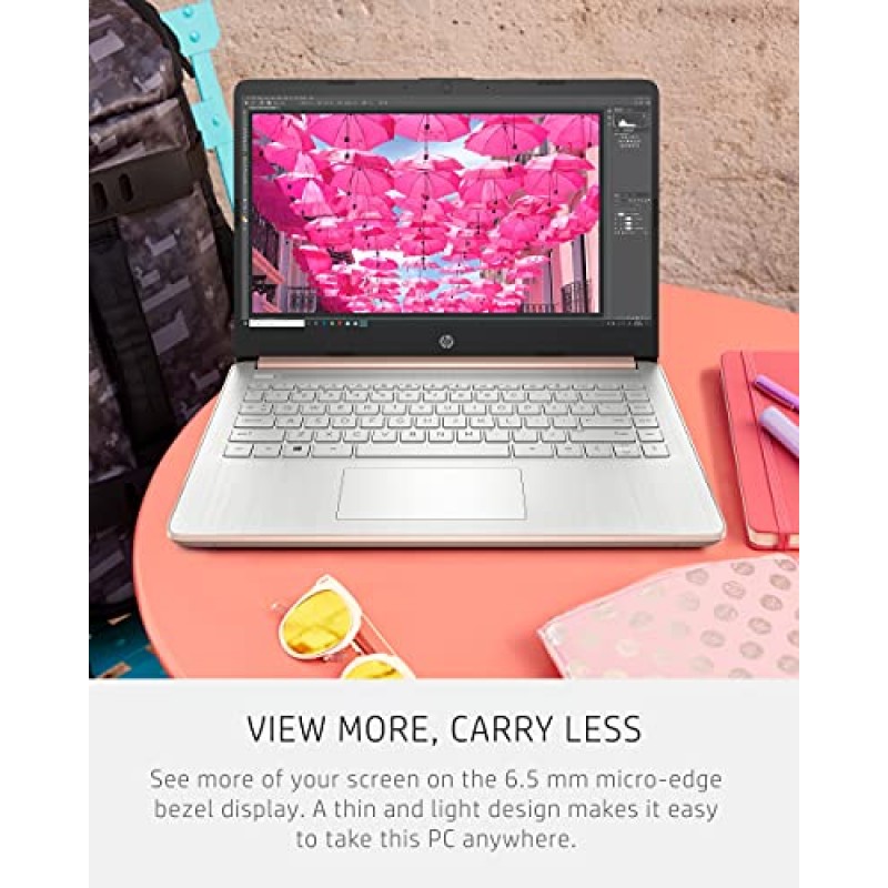 HP 14 노트북, Intel Celeron N4020, 4GB RAM, 64GB 스토리지, 14인치 마이크로에지 HD 디스플레이, Windows 11 Home, Thin & Portable, 4K 그래픽, 1년 Microsoft 365(14-dq0030nr, 2021, Pale Rose) 금)