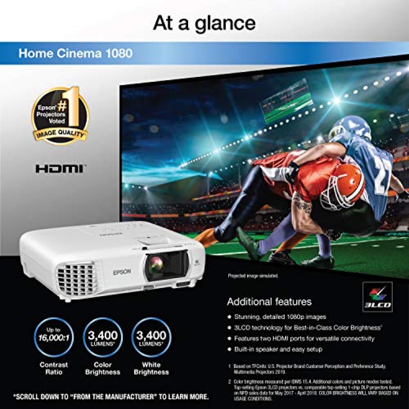 Epson Home Cinema 1080 3칩 3LCD 1080p 프로젝터, 3400루멘 컬러 및 백색 밝기, 스트리밍/게임/홈 시어터, 내장 스피커, 16,000:1 대비(새 제품)