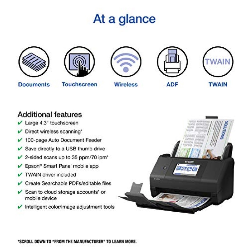 Epson Workforce ES-580W 100매 자동 문서 공급 장치(ADF) 및 직관적인 4.3인치 터치스크린을 갖춘 PC 및 Mac용 무선 컬러 양면 데스크탑 문서 스캐너