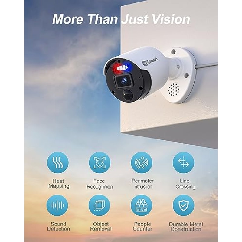 Swann Home Security 애드온 Bullet NVR 카메라, PoE, 12MP 메가 HD 비디오, 실내 및 실외 유선 감시 CCTV, 컬러 나이트 비전, 열 동작 감지, 집행자 LED 조명, 사이렌