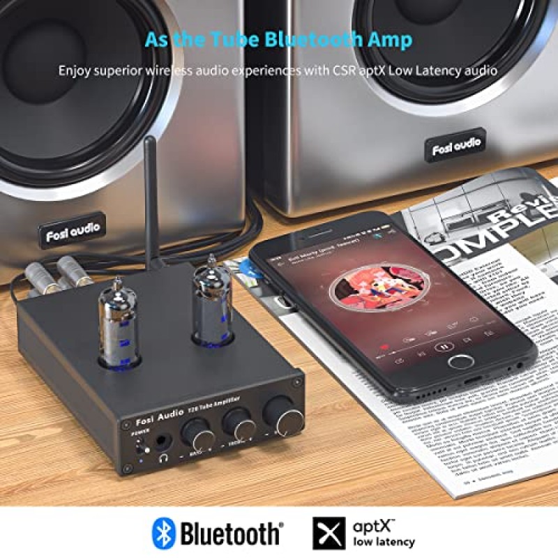 Fosi Audio T20 Bluetooth 5.0 튜브 앰프 헤드폰 앰프 지원 aptX HD 스테레오 수신기 6J4 진공관이 장착된 가정용 패시브 스피커용 2 채널 클래스 D 디지털 미니 Hi-Fi 파워 앰프