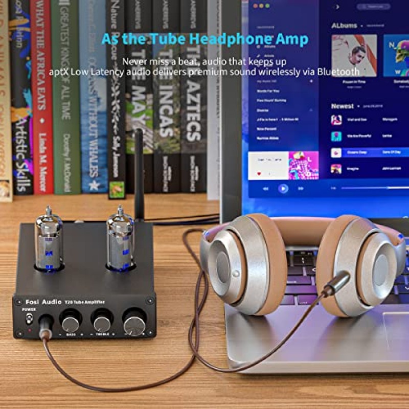 Fosi Audio T20 Bluetooth 5.0 튜브 앰프 헤드폰 앰프 지원 aptX HD 스테레오 수신기 6J4 진공관이 장착된 가정용 패시브 스피커용 2 채널 클래스 D 디지털 미니 Hi-Fi 파워 앰프