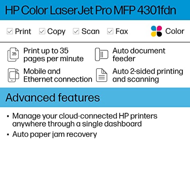 HP 컬러 레이저젯 프로 MFP 4301fdn 프린터, 인쇄, 스캔, 복사, 팩스, 빠른 속도, 간편한 설정, 모바일 인쇄, 고급 보안, 소규모 팀에 적합, 16.6 x 17.1 x 15.1인치, 흰색