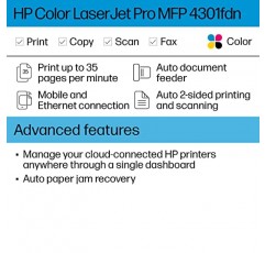 HP 컬러 레이저젯 프로 MFP 4301fdn 프린터, 인쇄, 스캔, 복사, 팩스, 빠른 속도, 간편한 설정, 모바일 인쇄, 고급 보안, 소규모 팀에 적합, 16.6 x 17.1 x 15.1인치, 흰색