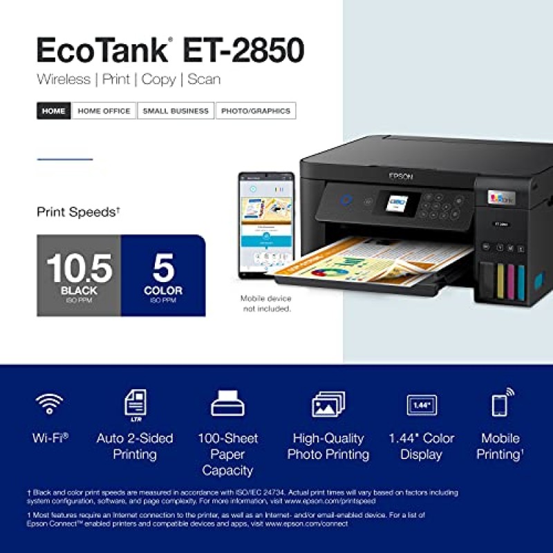 Epson EcoTank ET-2850 무선 컬러 올인원 카트리지 프리 슈퍼탱크 프린터(스캔, 복사 및 자동 양면 인쇄 기능 포함) - 검정, 중형