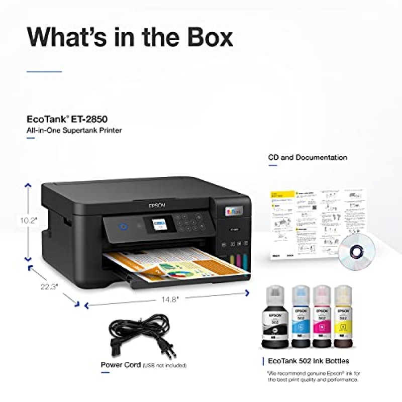 Epson EcoTank ET-2850 무선 컬러 올인원 카트리지 프리 슈퍼탱크 프린터(스캔, 복사 및 자동 양면 인쇄 기능 포함) - 검정, 중형