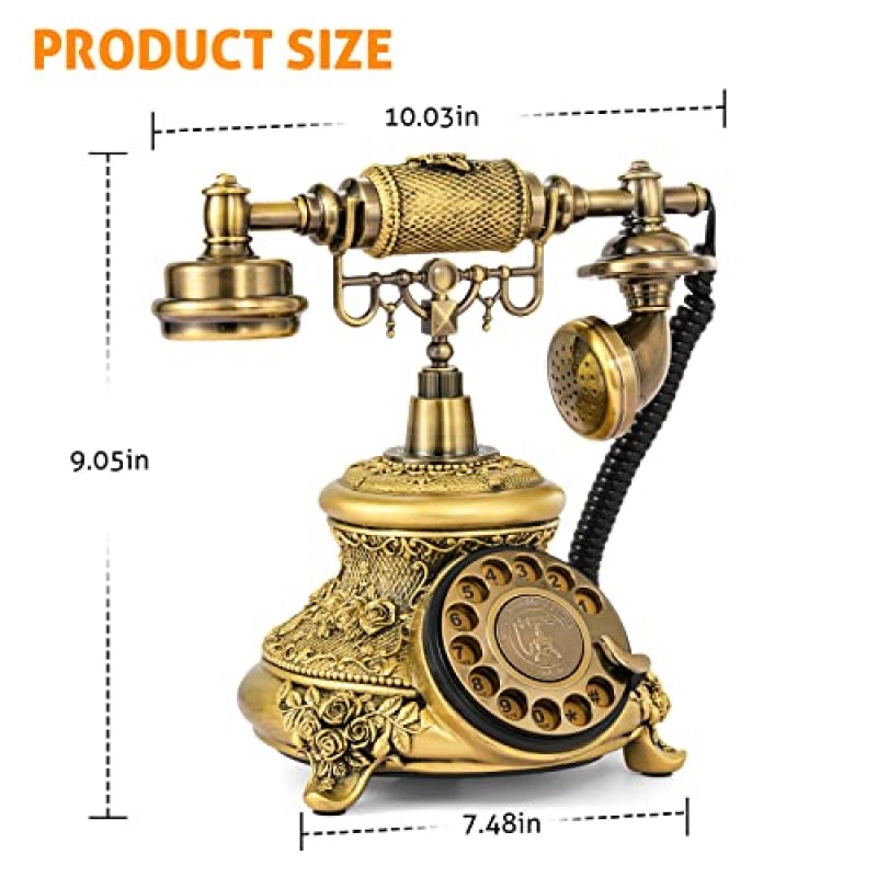 WICHEMI 빈티지 전화 레트로 로터리 다이얼 전화 유선 전화 오래된 패션 골동품 전화 홈 오피스를 위한 오래된 학교 전화 카페 바 스타 호텔 장식(골든)