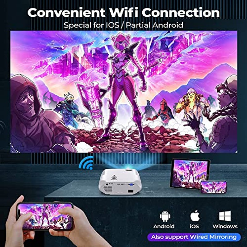 VIDOKA WiFi 블루투스 프로젝터, 가정용 및 실외용 8000L 네이티브 1080P HD 프로젝터, iPhone/iPad 및 Samsung용 무선 미러링 지원, 원클릭 줌 비디오, TV 스틱/노트북/PC와 호환 가능