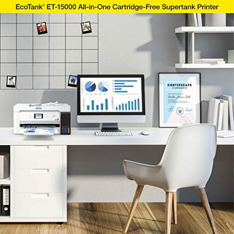 Epson EcoTank ET-15000 무선 컬러 올인원 슈퍼탱크 프린터, 스캐너, 복사기, 팩스, 이더넷 및 최대 13 x 19인치 인쇄 기능 포함, 흰색