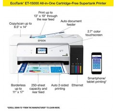 Epson EcoTank ET-15000 무선 컬러 올인원 슈퍼탱크 프린터, 스캐너, 복사기, 팩스, 이더넷 및 최대 13 x 19인치 인쇄 기능 포함, 흰색