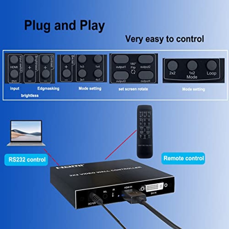 2x2 HDMI 비디오 월 컨트롤러, HDMI 및 DVI 지원 4K 입력 TV 월 컨트롤러, 1080P 출력 TV 월 프로세서, IR 원격 및 RS232 제어, 180도 회전 1x2,1x3,1x4,2x2,2x1,3x1x4x1 비디오 월