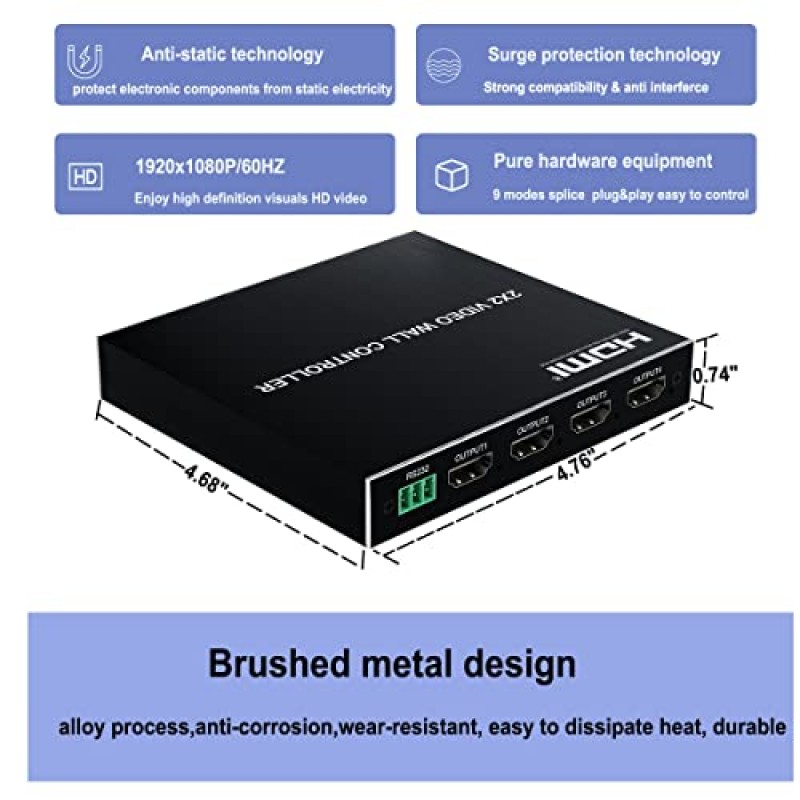 2x2 HDMI 비디오 월 컨트롤러, HDMI 및 DVI 지원 4K 입력 TV 월 컨트롤러, 1080P 출력 TV 월 프로세서, IR 원격 및 RS232 제어, 180도 회전 1x2,1x3,1x4,2x2,2x1,3x1x4x1 비디오 월