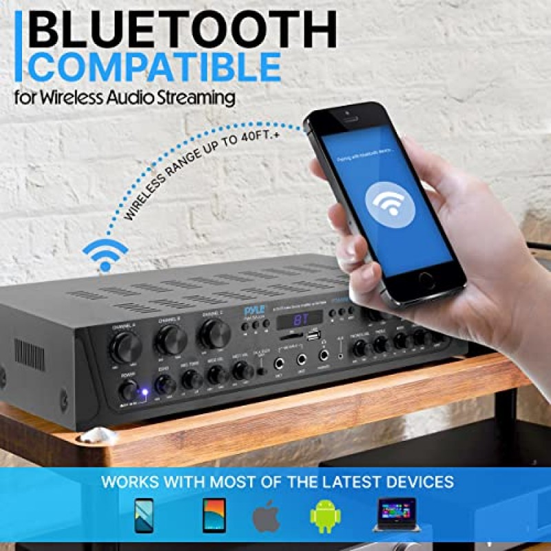 Pyle 무선 홈 오디오 증폭기 시스템 - Bluetooth 호환 사운드 스테레오 수신기 앰프 - 6채널 600W 전력, 디지털 LCD, 헤드폰 잭, USB SD AUX RCA FM 라디오의 1/4인치 마이크