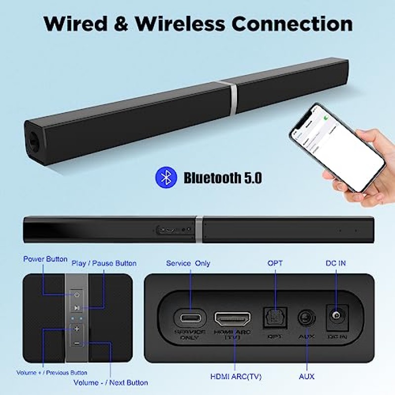 MZEIBO TV용 사운드 바 Bluetooth 5.0 4 스피커 딥 베이스 홈 시어터 TV 스피커(광학/HDMI/Aux/원격 제어/벽걸이형)