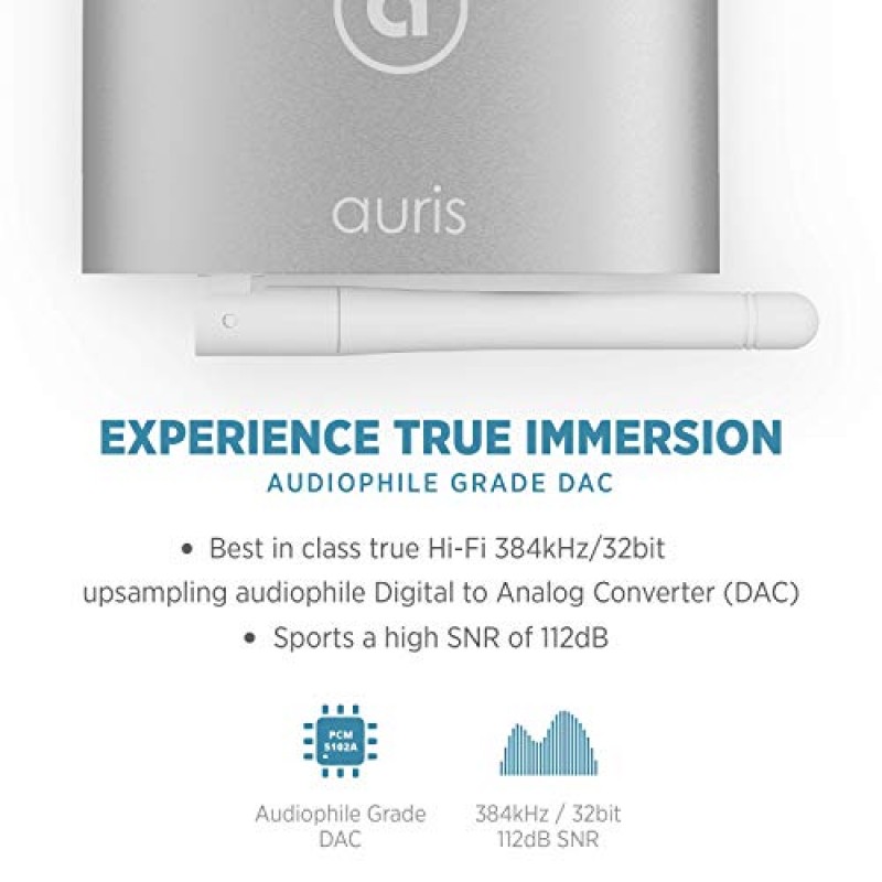 Auris Blume HD 장거리 Bluetooth 5.0 음악 수신기 홈 스테레오, AV 수신기 또는 증폭기용 오디오파일 DAC 및 AptX HD를 갖춘 Hi-Fi 오디오 어댑터