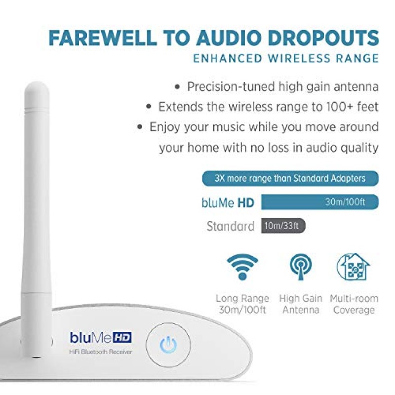 Auris Blume HD 장거리 Bluetooth 5.0 음악 수신기 홈 스테레오, AV 수신기 또는 증폭기용 오디오파일 DAC 및 AptX HD를 갖춘 Hi-Fi 오디오 어댑터