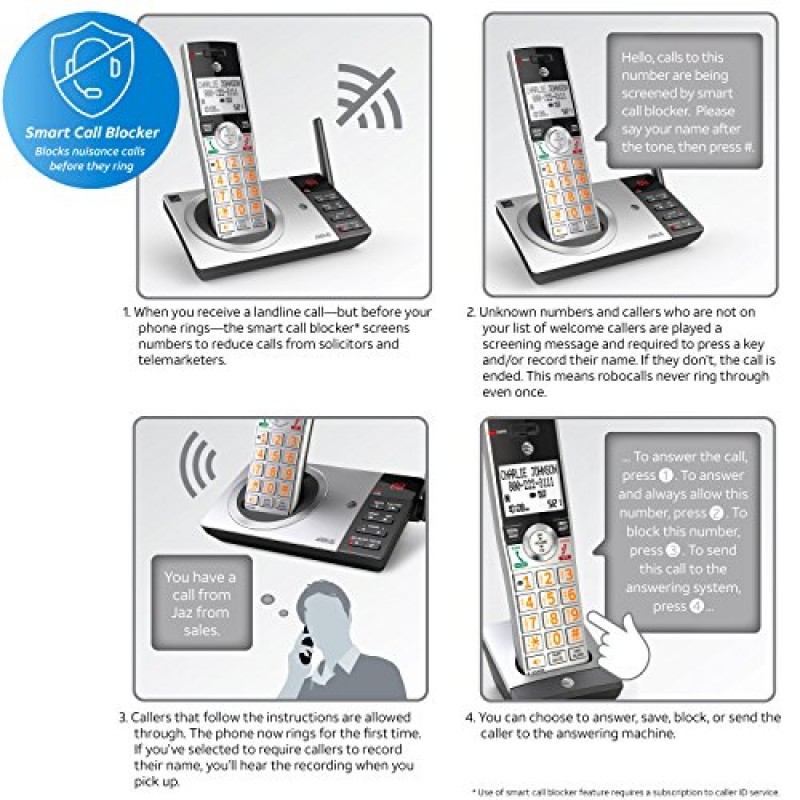 AT&T CL83207 DECT 6.0 스마트 통화 차단 기능이 있는 확장형 무선 전화기, 실버/블랙, 핸드셋 2개 포함