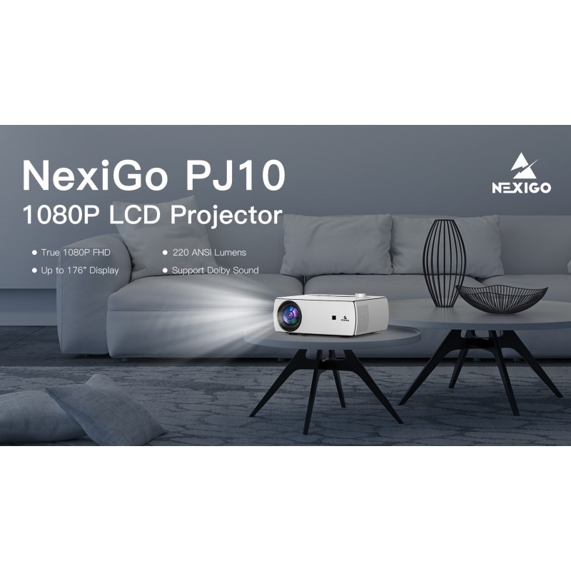 NexiGo WiFi 블루투스 프로젝터 PJ10, 300ANSI, 기본 1080P 영화 프로젝터, Dolby_Sound 지원, 원격, 전화, 컴퓨터, HDMI, USB, AV 인터페이스와 호환 가능