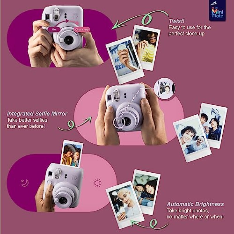 Fujifilm Instax Mini 12 즉석 카메라 민트 그린 + MiniMate 액세서리 번들 및 호환되는 맞춤형 케이스 + Fuji Instax 필름 밸류 팩(50매) 플라밍고 디자이너 사진 앨범