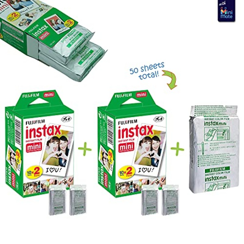 Fujifilm Instax Mini 12 즉석 카메라 민트 그린 + MiniMate 액세서리 번들 및 호환되는 맞춤형 케이스 + Fuji Instax 필름 밸류 팩(50매) 플라밍고 디자이너 사진 앨범